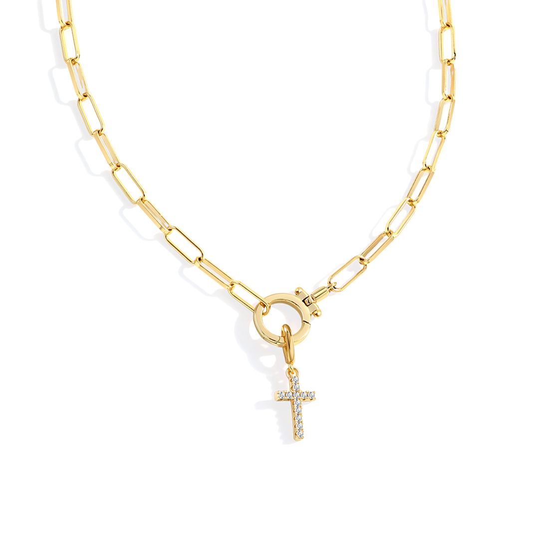 Paperclip Necklace with Pavé Cross Charm by Seeyoura