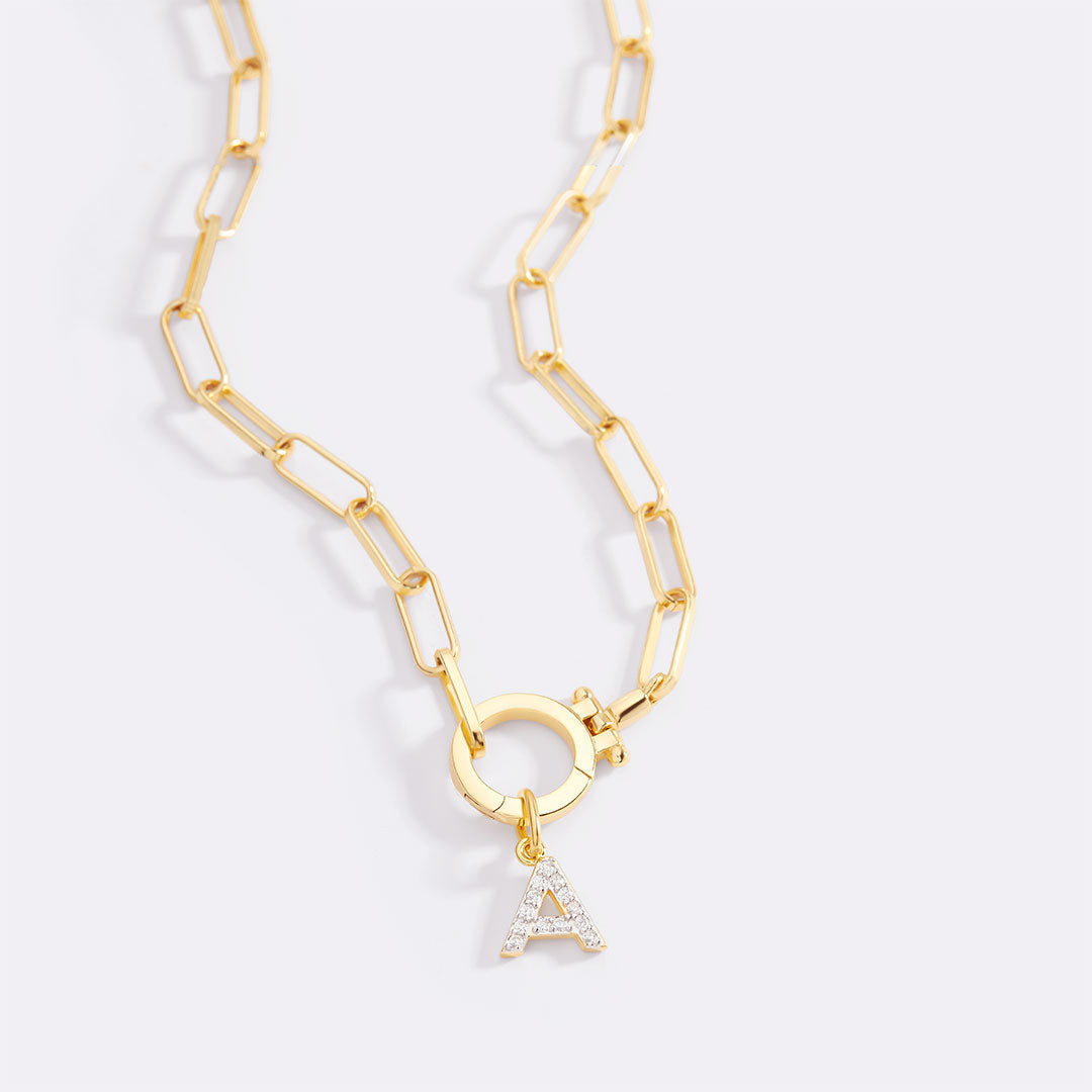 Mint Paperclip Necklace with Pave Initial Charm in gold by Seeyoura