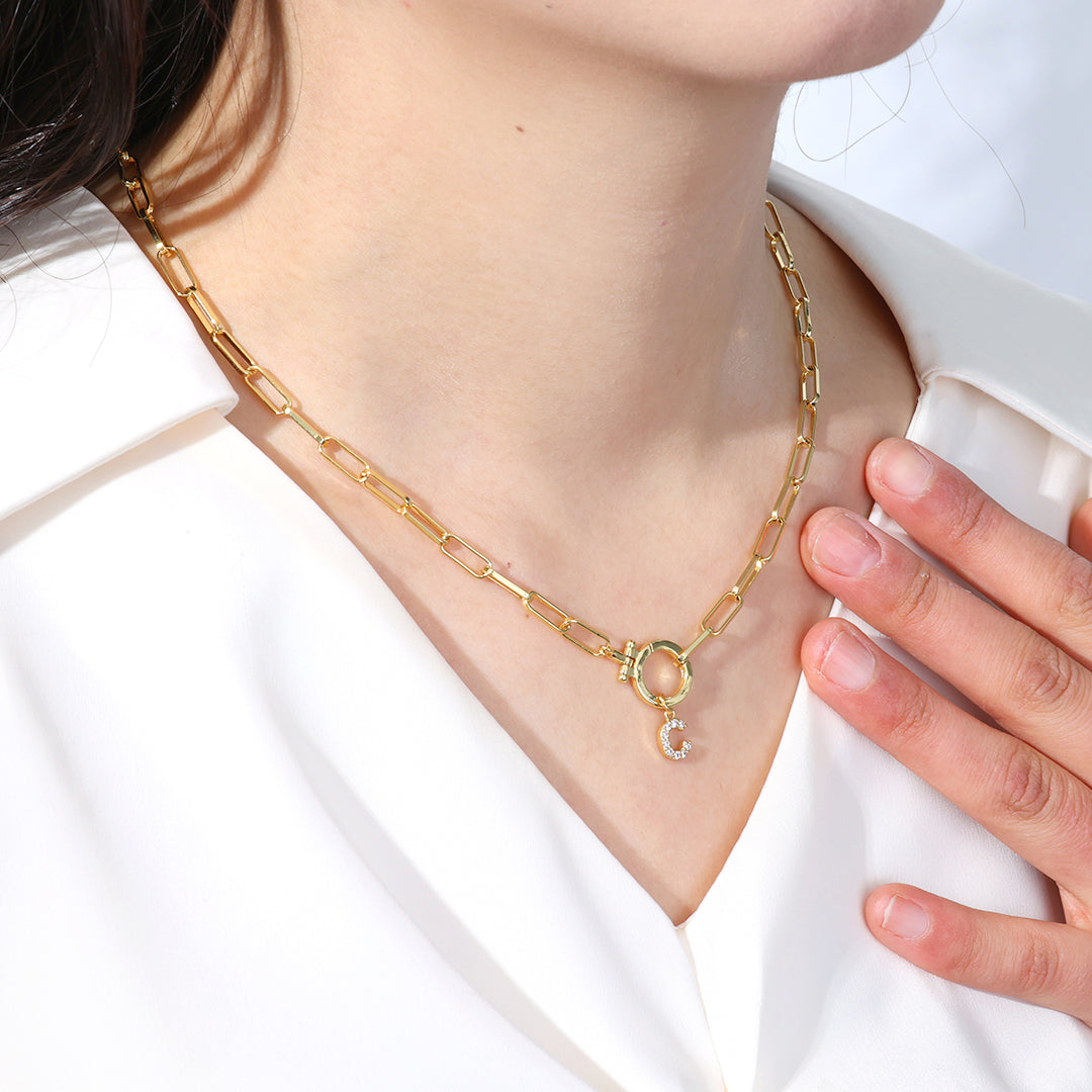 Mint Paperclip Necklace with Pave Initial Charm by Seeyoura