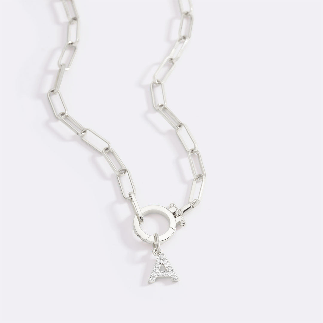 Mint Paperclip Necklace with Pave Initial Charm in silver by Seeyoura