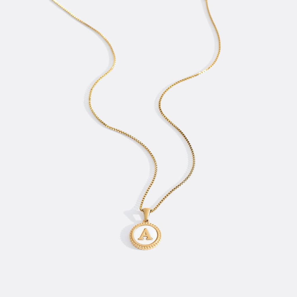Mother of Pearl Disc Letter Necklace with Box Chain in Gold, 18" + 2" by Seeyoura