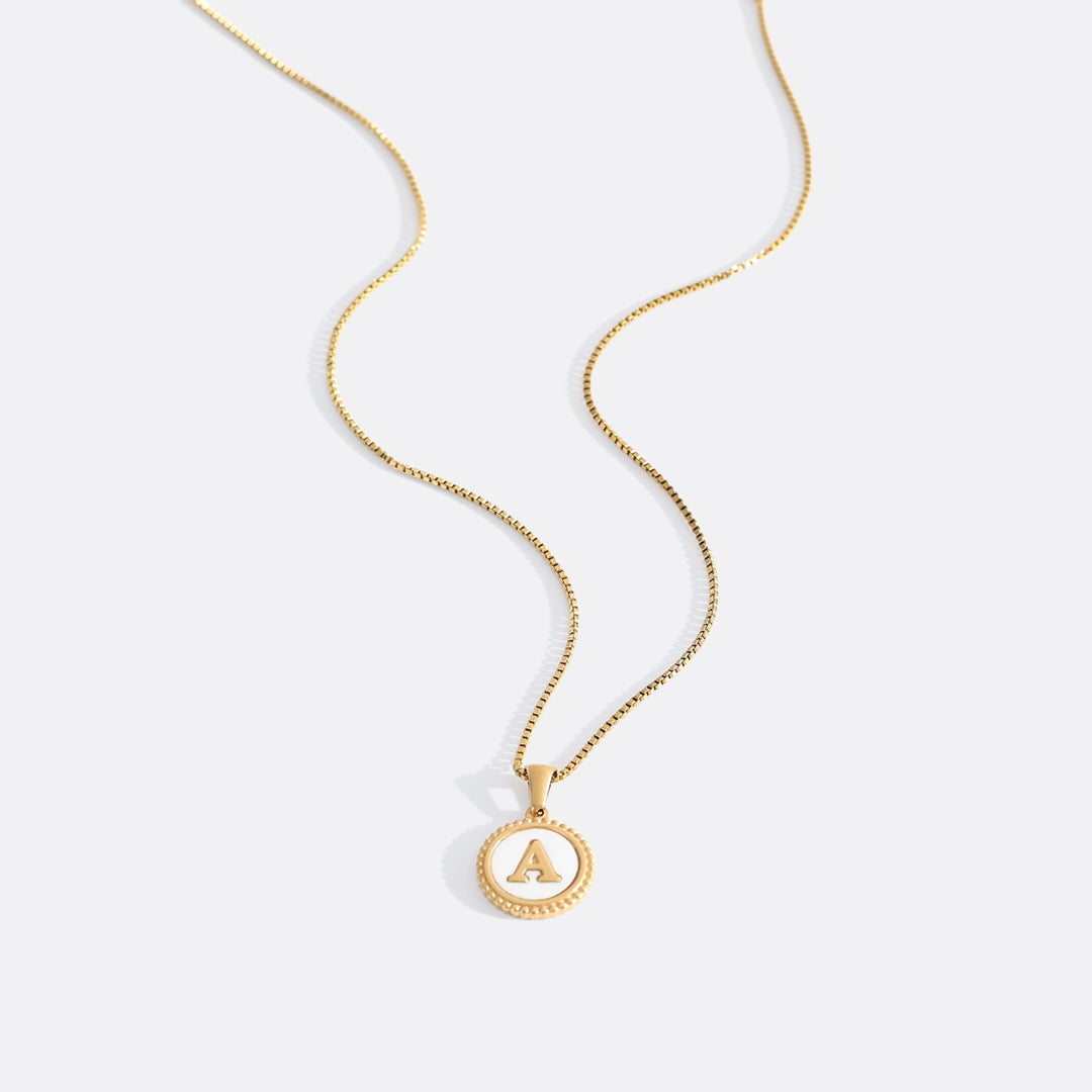 Mother of Pearl Disc Letter Necklace with Box Chain in Gold, 18" + 2" by Seeyoura