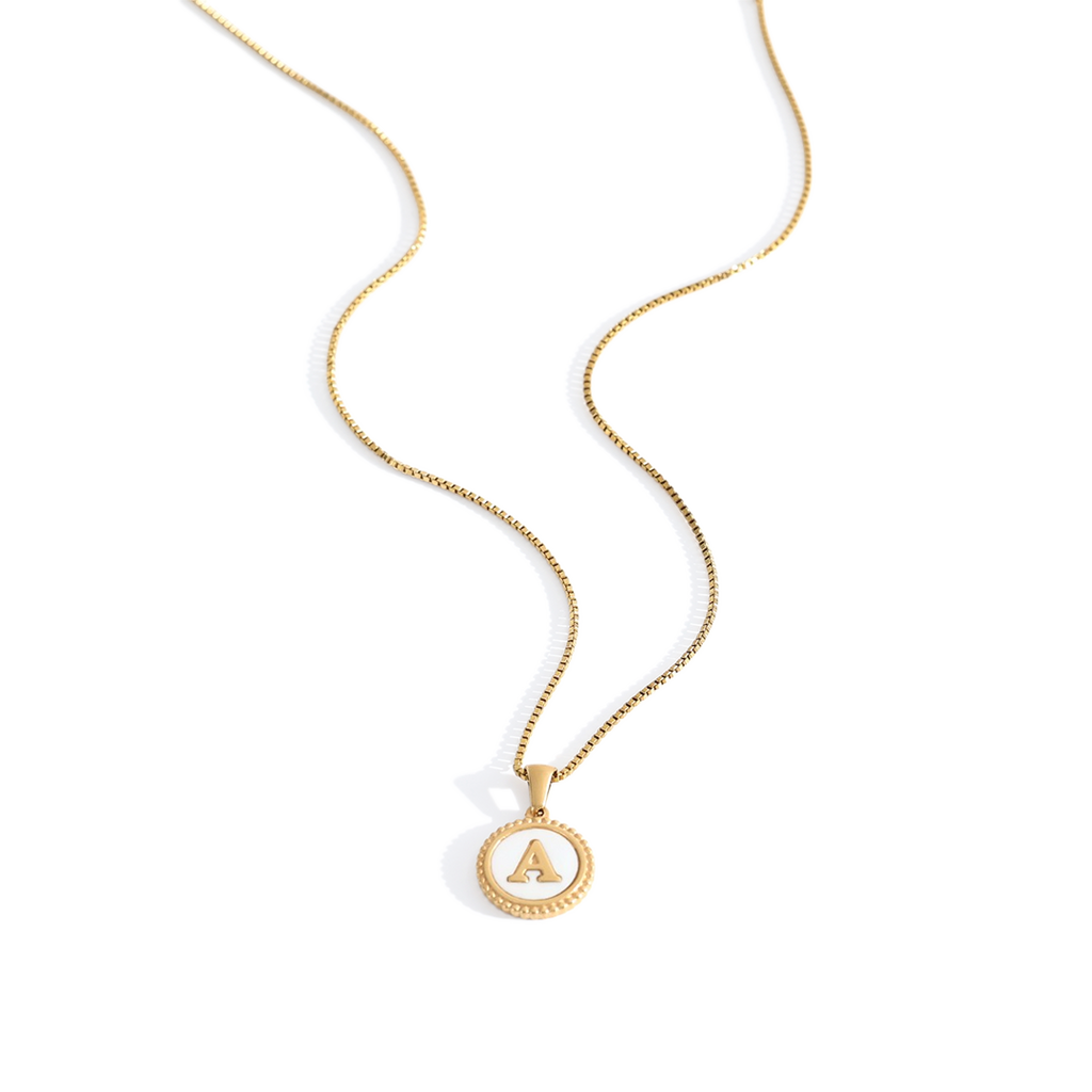 Mother of Pearl Disc Letter Necklace with Box Chain by Seeyoura