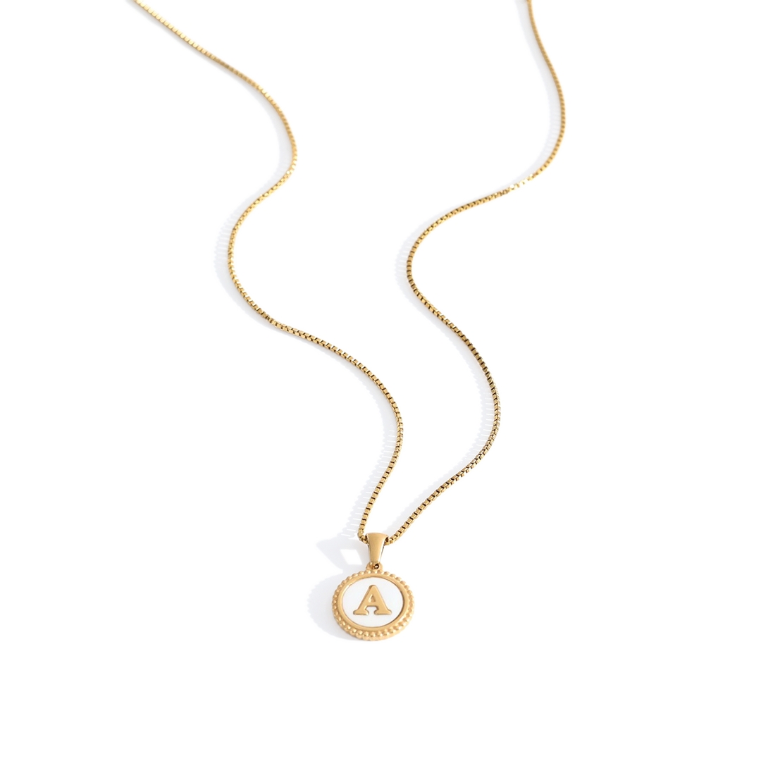 Mother of Pearl Disc Letter Necklace with Box Chain by Seeyoura