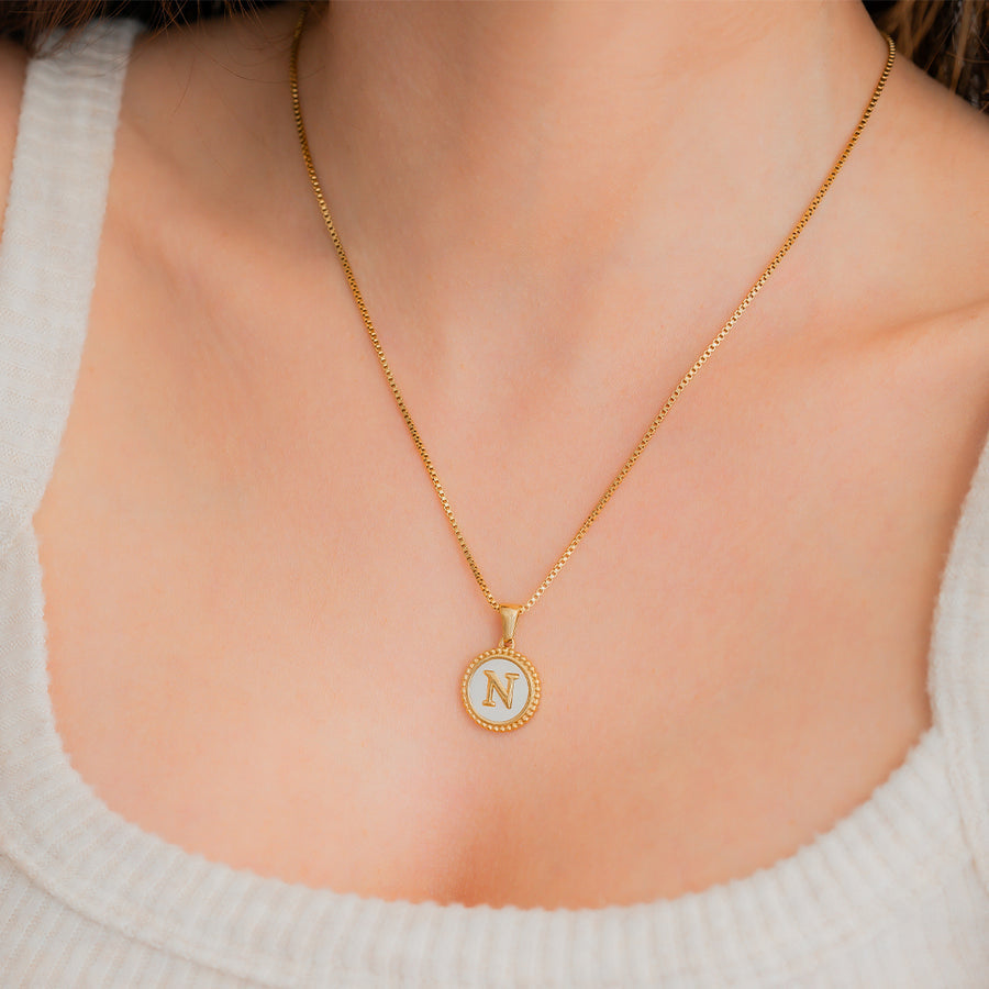 Mother of Pearl Disc Letter Necklace with Box Chain by Seeyoura