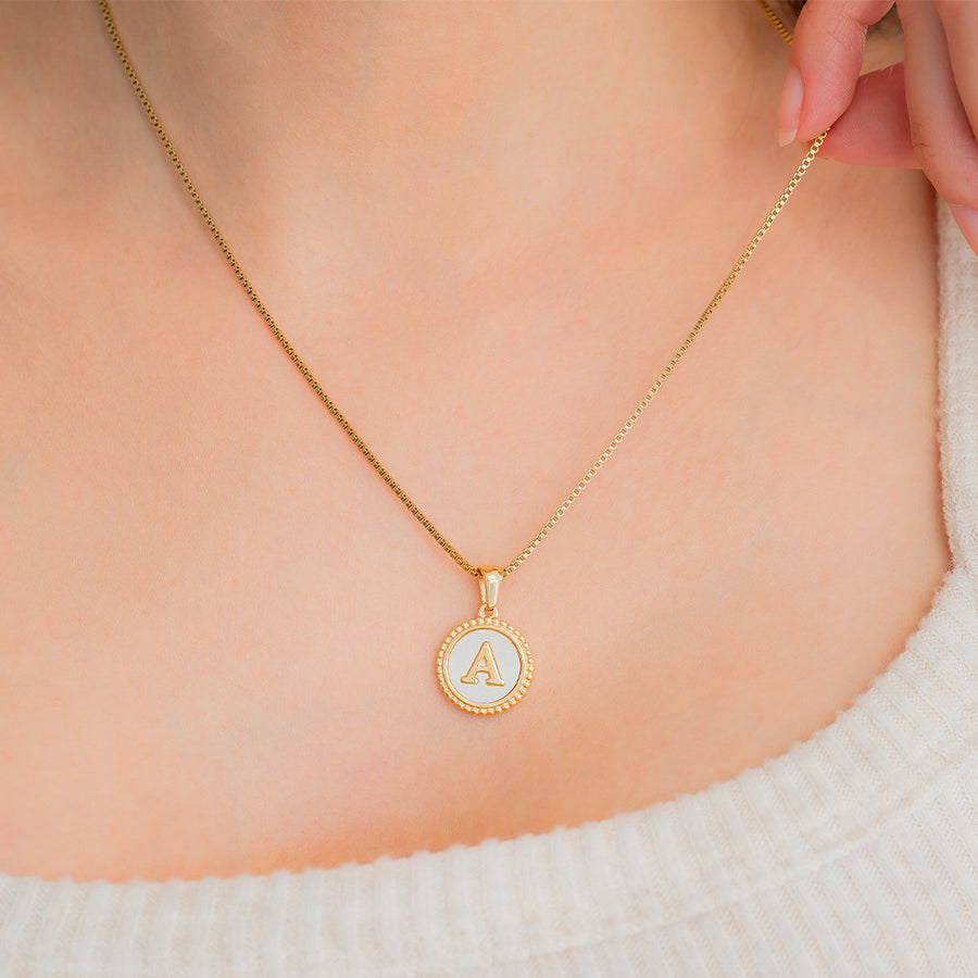 Mother of Pearl Disc Letter Necklace with Box Chain by Seeyoura
