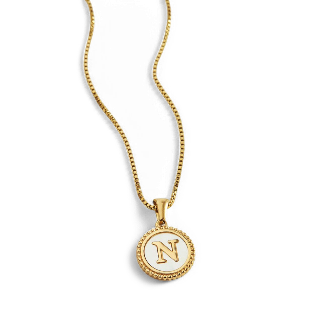 Mother of Pearl Disc Letter Necklace with Box Chain by Seeyoura