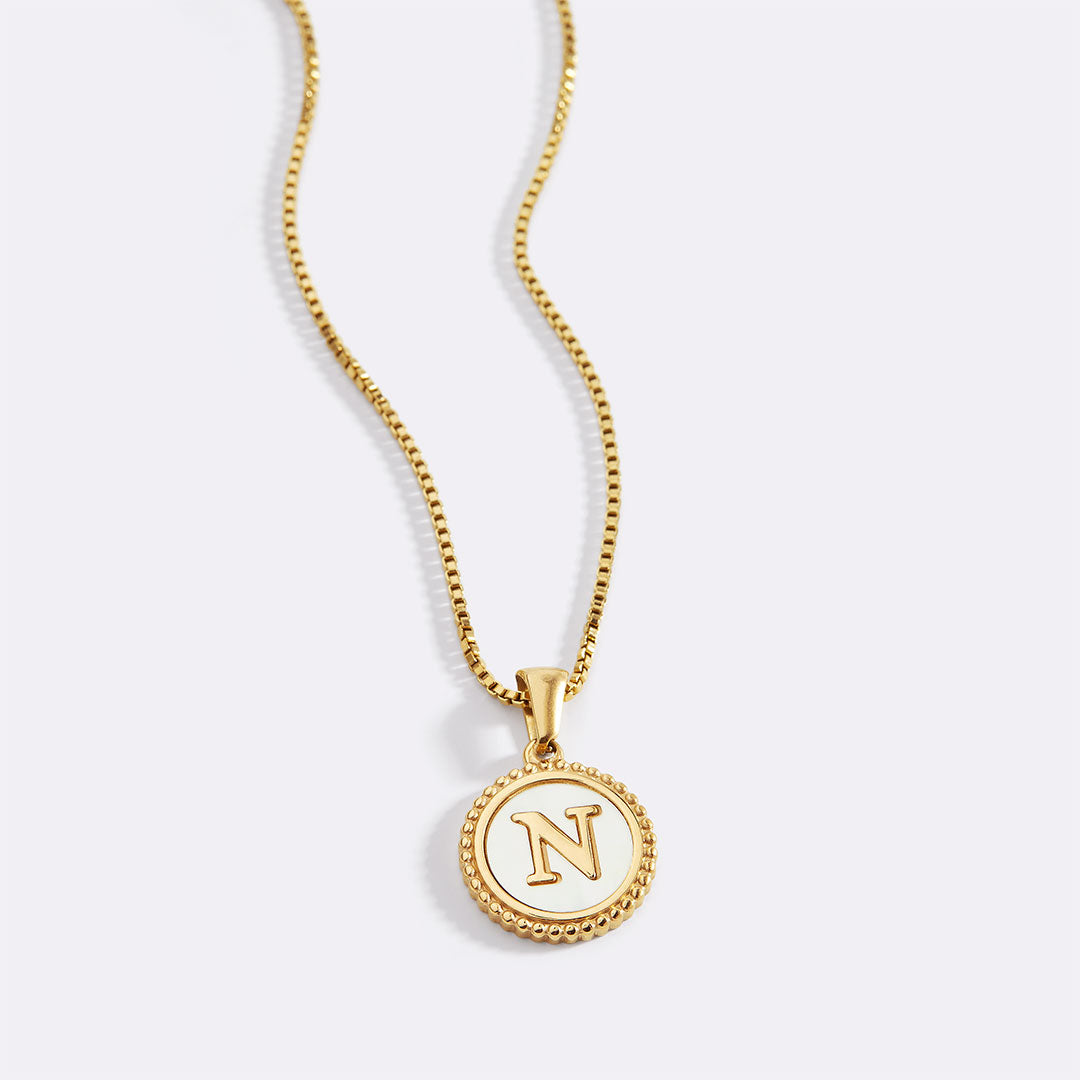 Mother of Pearl Disc Letter Necklace with Box Chain by Seeyoura