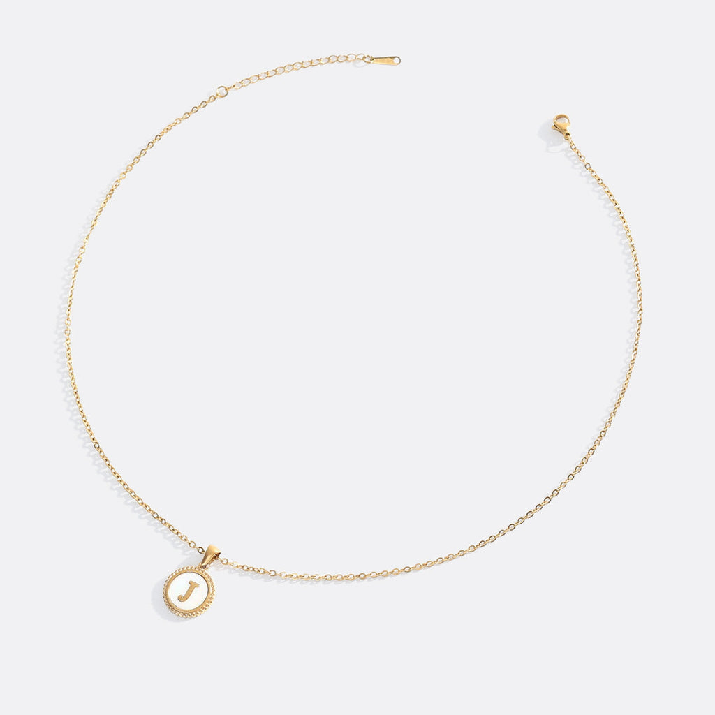 Mother of Pearl Disc Letter Necklace with Cable Chain in Gold, 18" + 2" by Seeyoura