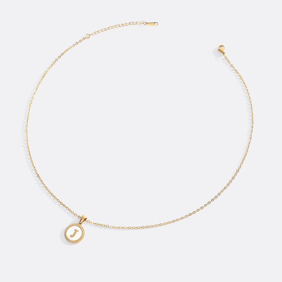 Mother of Pearl Disc Letter Necklace with Cable Chain in Gold, 18" + 2" by Seeyoura