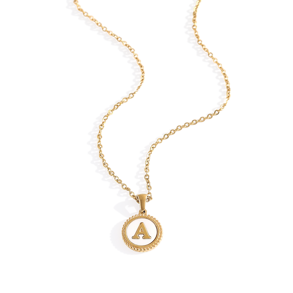 Mother of Pearl Disc Letter Necklace with Cable Chain by Seeyoura