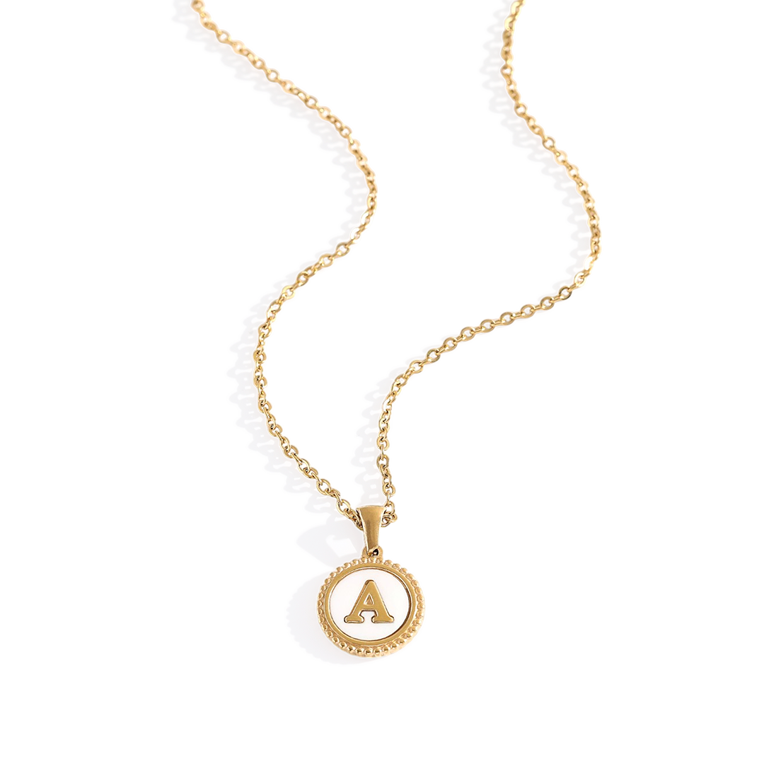 Mother of Pearl Disc Letter Necklace with Cable Chain by Seeyoura