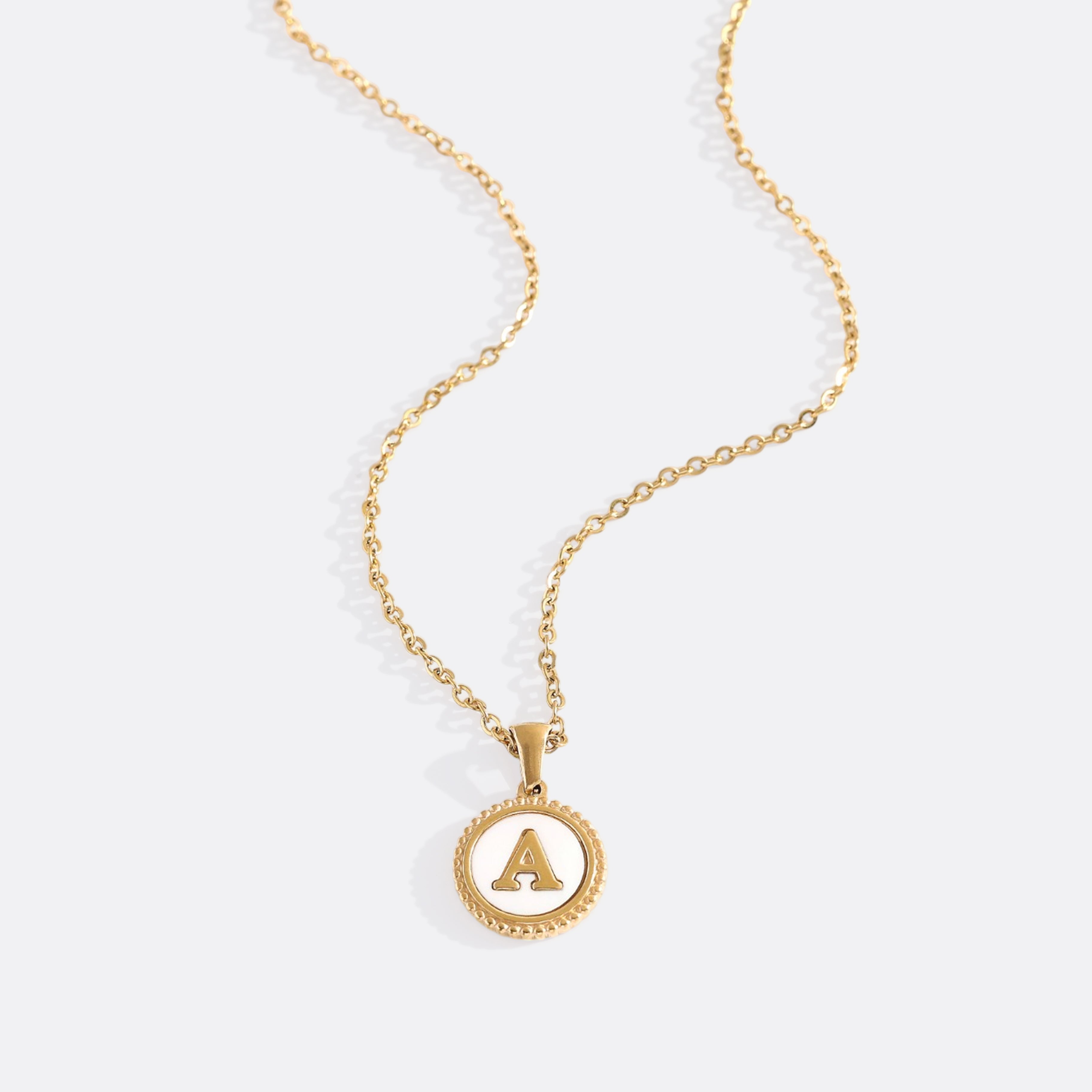 Mother of Pearl Disc Letter Necklace with Cable Chain by Seeyoura