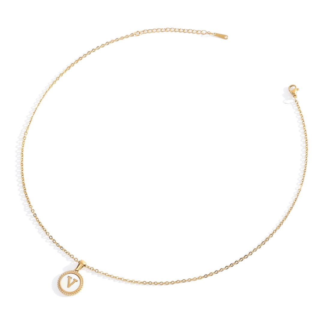 Mother of Pearl Disc Letter Necklace with Cable Chain by Seeyoura