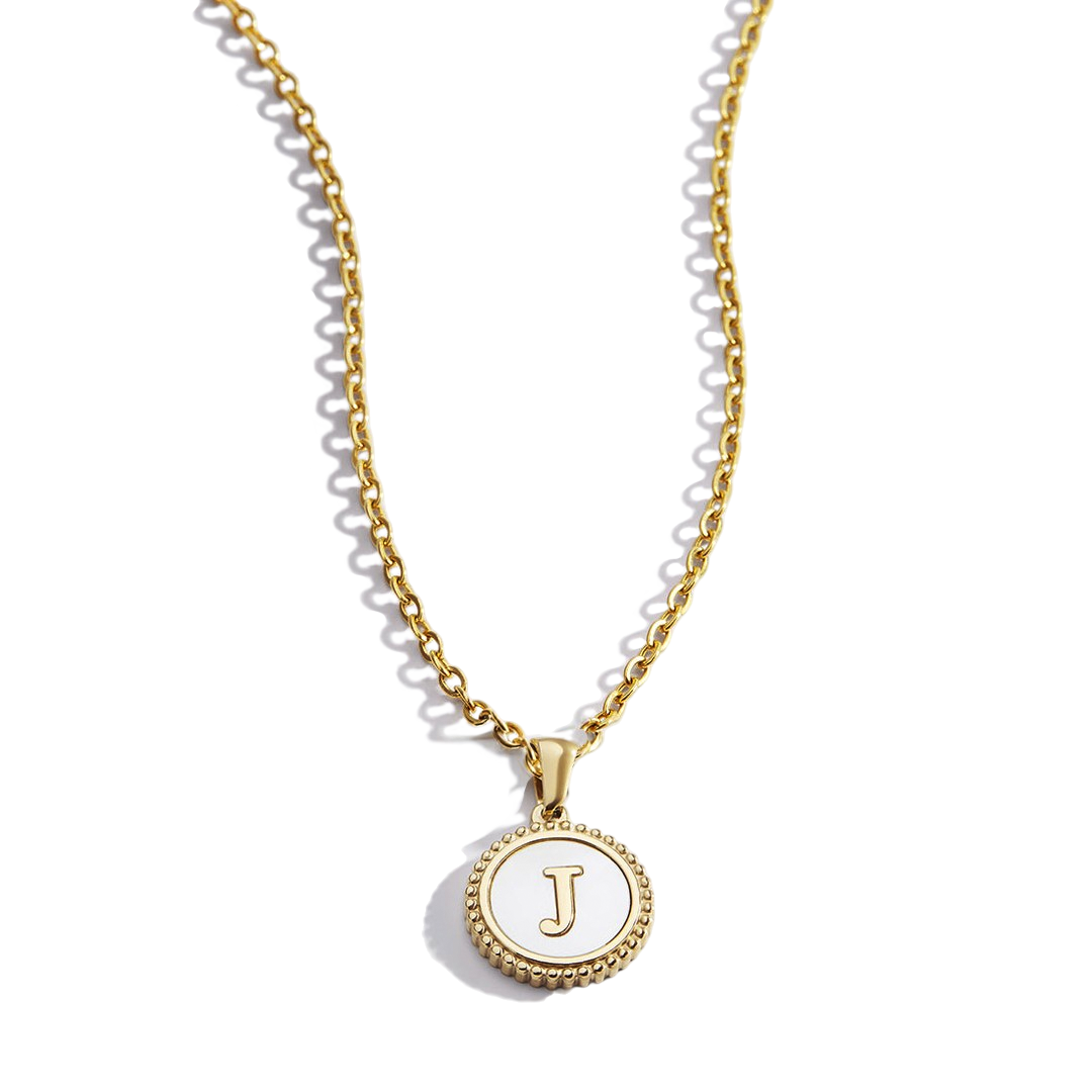 Mother of Pearl Disc Letter Necklace with Cable Chain by Seeyoura