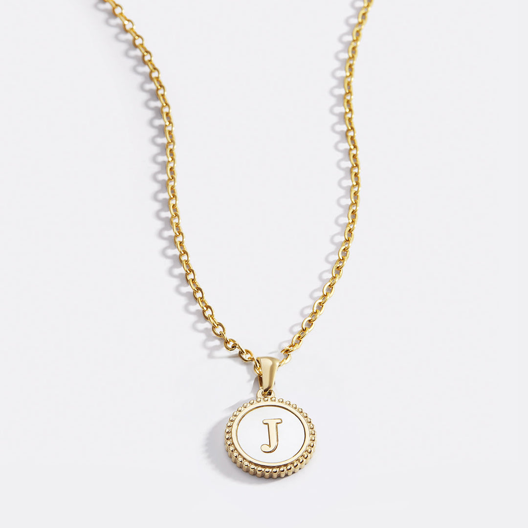 Mother of Pearl Disc Letter Necklace with Cable Chain by Seeyoura