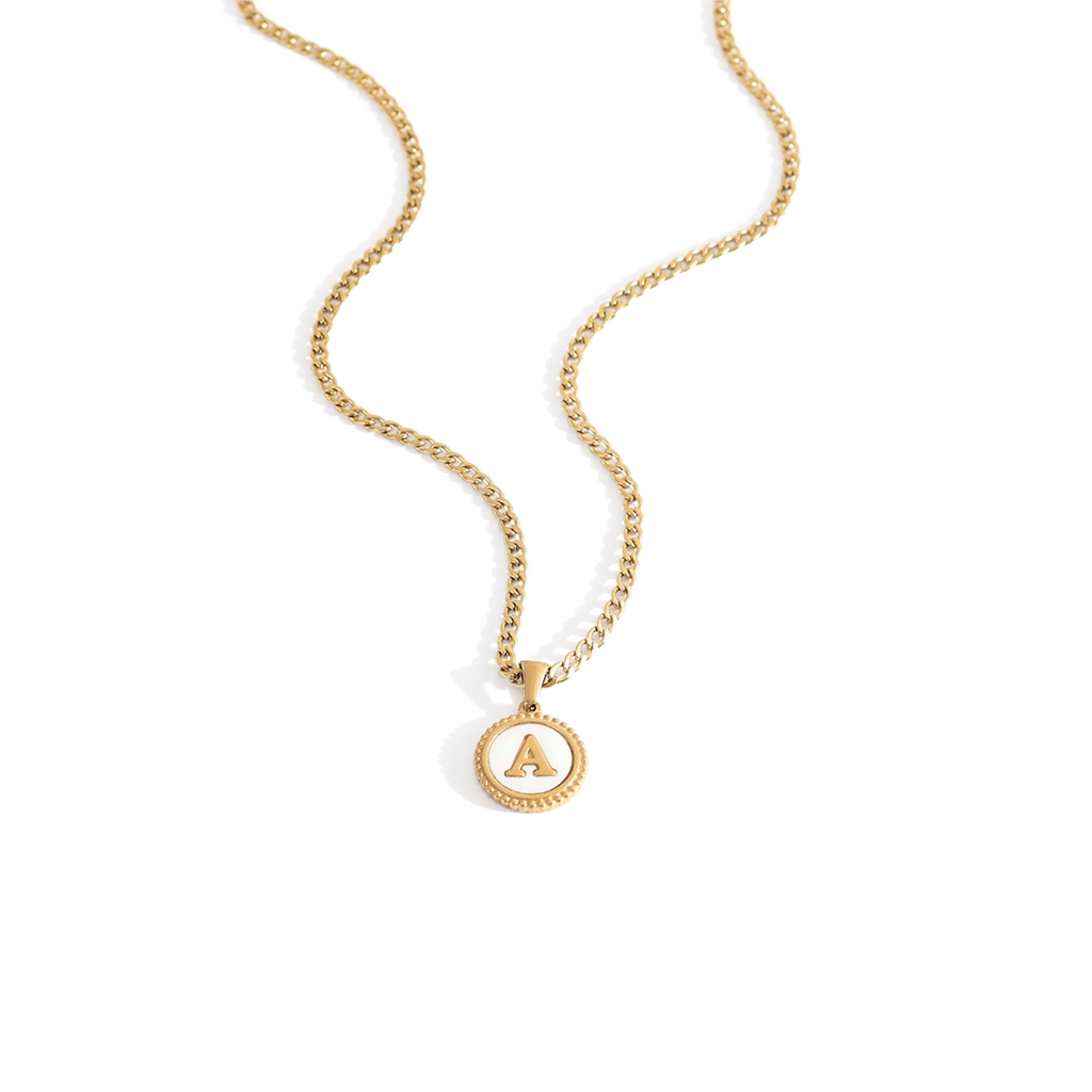 Mother of Pearl Disc Letter Necklace with Cuban Chain in Gold, 18" + 2" by Seeyoura