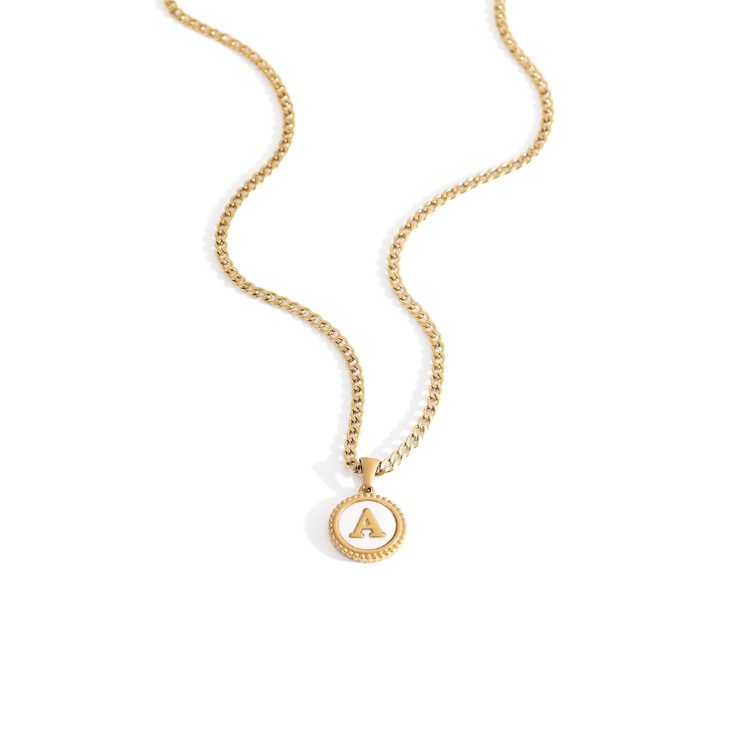 Mother of Pearl Disc Letter Necklace with Cuban Chain in Gold, 18" + 2" by Seeyoura