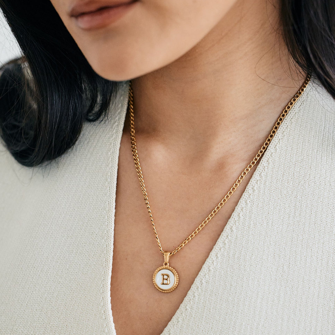 Mother of Pearl Disc Letter Necklace with Cuban Chain by Seeyoura