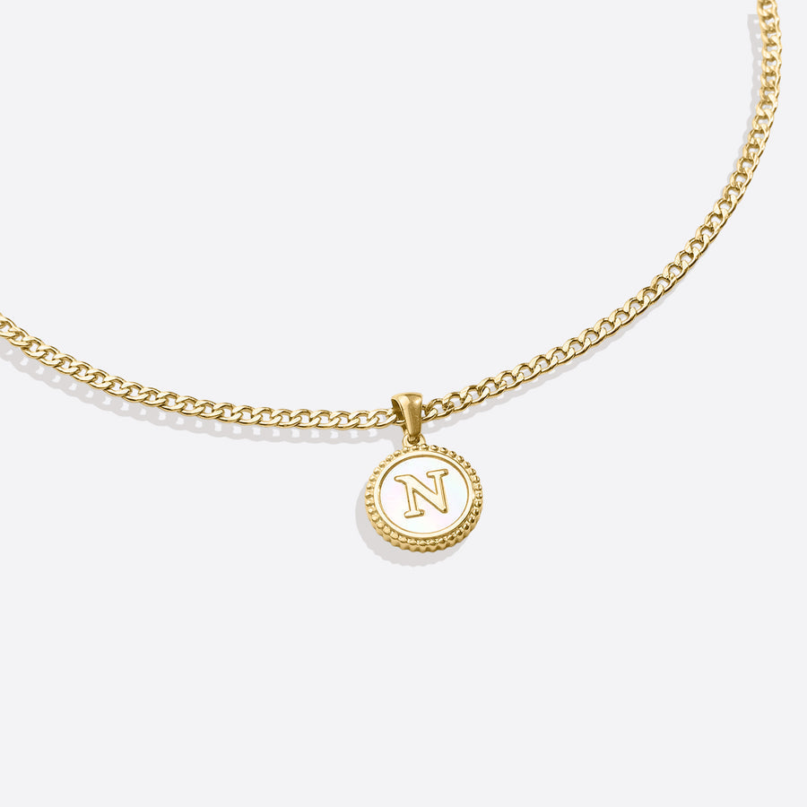 Mother of Pearl Disc Letter Necklace with Cuban Chain by Seeyoura