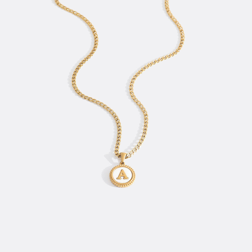 Mother of Pearl Disc Letter Necklace with Cuban Chain by Seeyoura