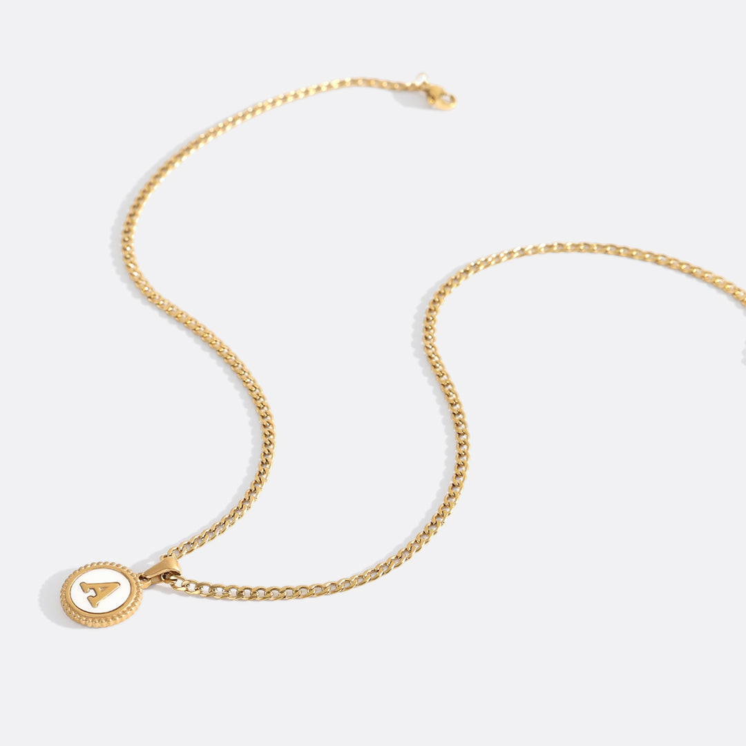 Mother of Pearl Disc Letter Necklace with Cuban Chain by Seeyoura