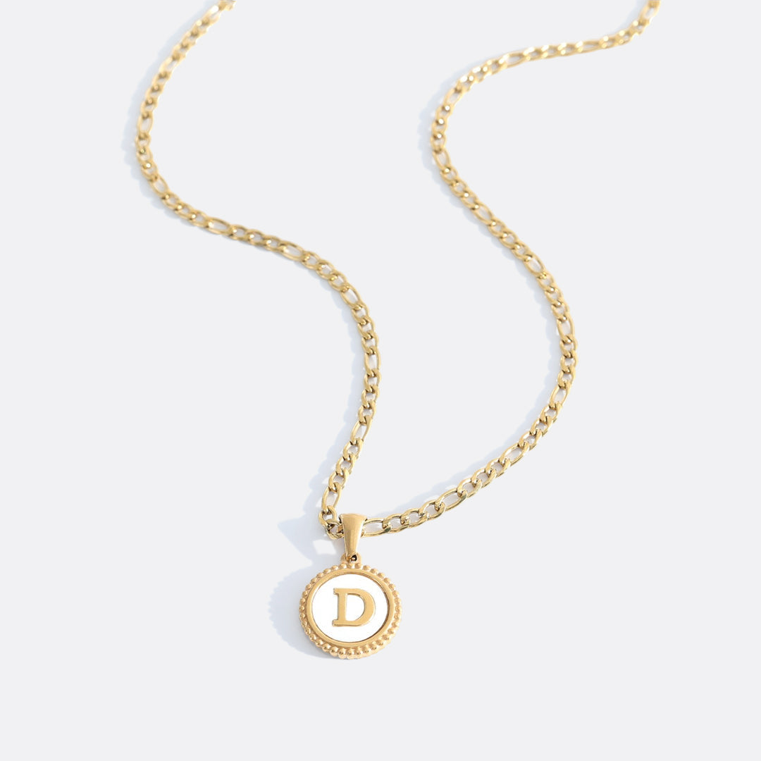 Mother of Pearl Disc Letter Necklace with Figaro Chain in Gold, D, 18" + 2" by Seeyoura