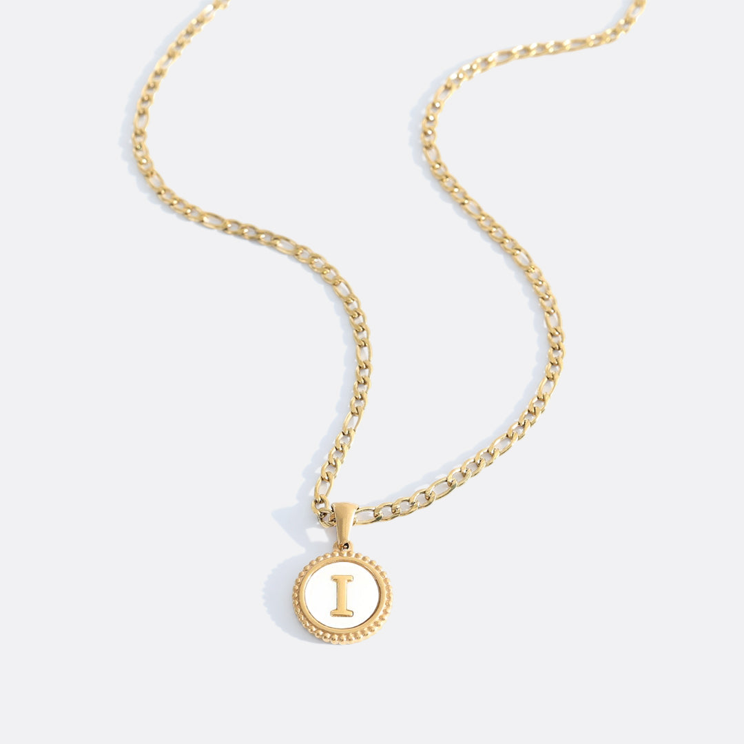 Mother of Pearl Disc Letter Necklace with Figaro Chain in Gold, I, 18" + 2" by Seeyoura