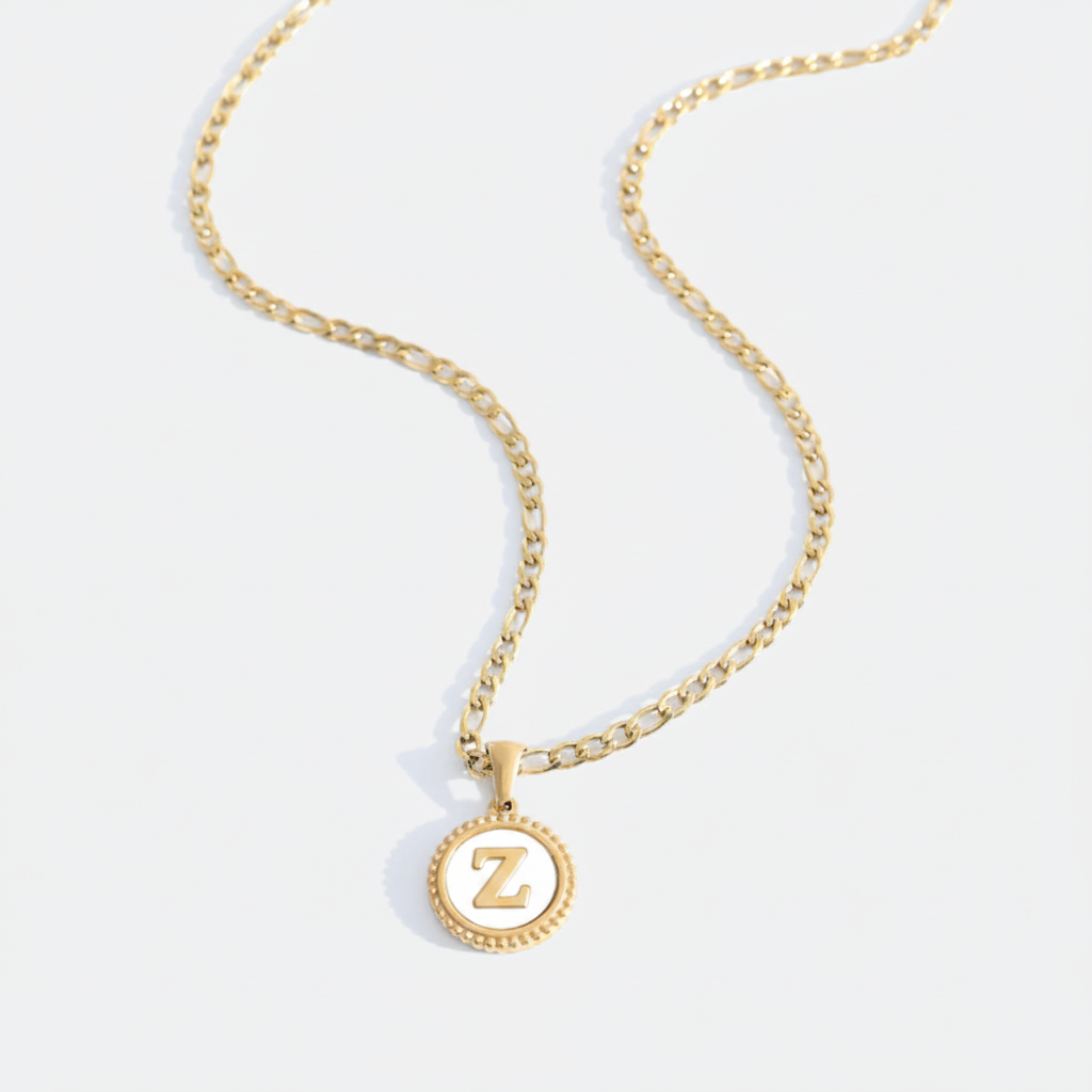 Mother of Pearl Disc Letter Necklace with Figaro Chain in Gold, Z, 18" + 2" by Seeyoura