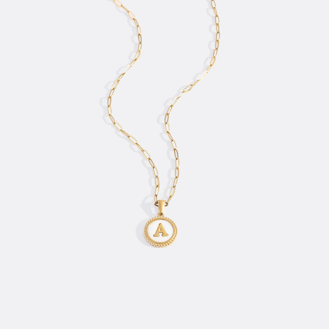 Mother of Pearl Disc Letter Necklace with Paperclip Chain in Gold, 18" + 2" by Seeyoura