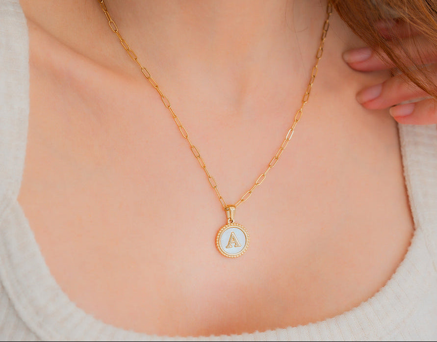 Mother of Pearl Disc Letter Necklace with Paperclip Chain by Seeyoura