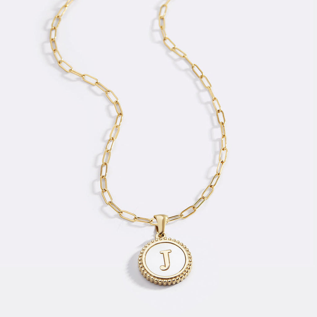 Mother of Pearl Disc Letter Necklace with Paperclip Chain by Seeyoura