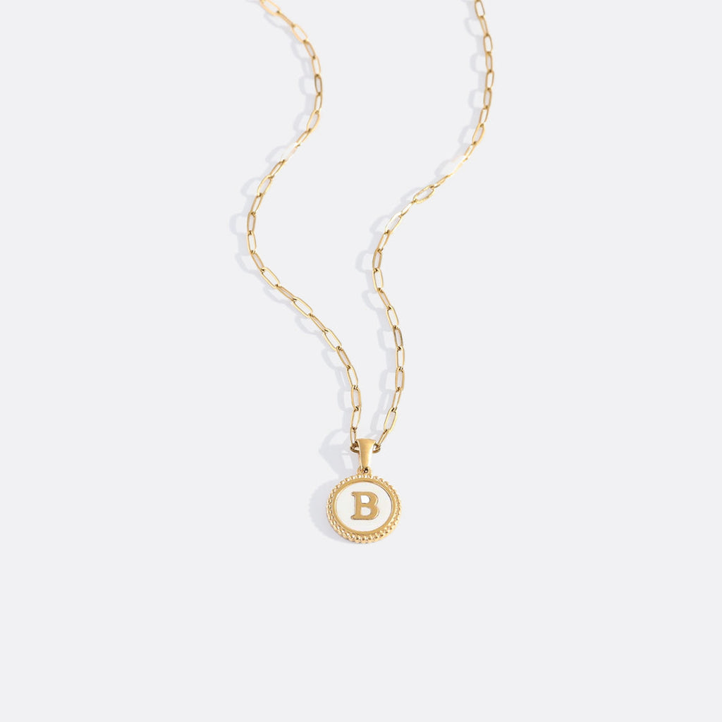 Mother of Pearl Disc Letter Necklace with Paperclip Chain by Seeyoura