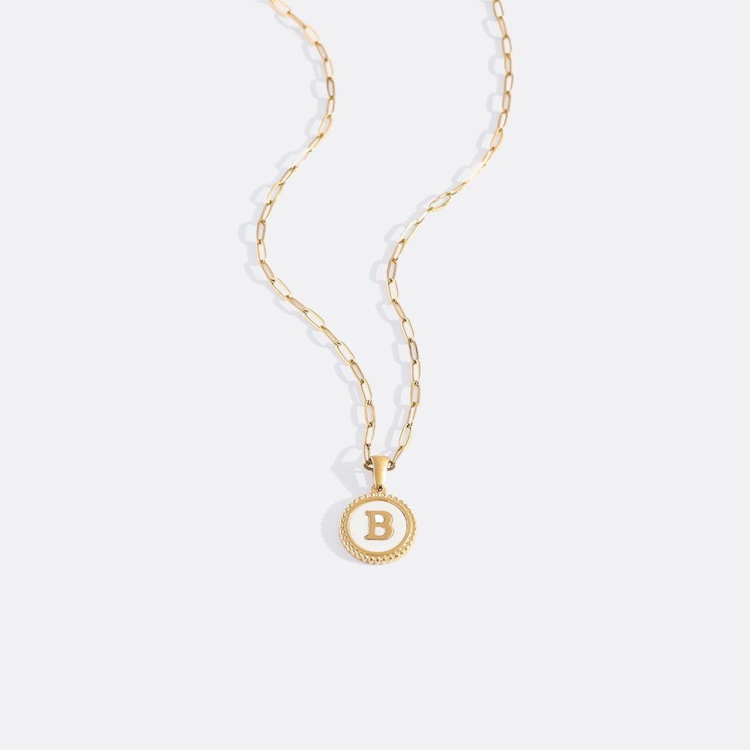 Mother of Pearl Disc Letter Necklace with Paperclip Chain by Seeyoura