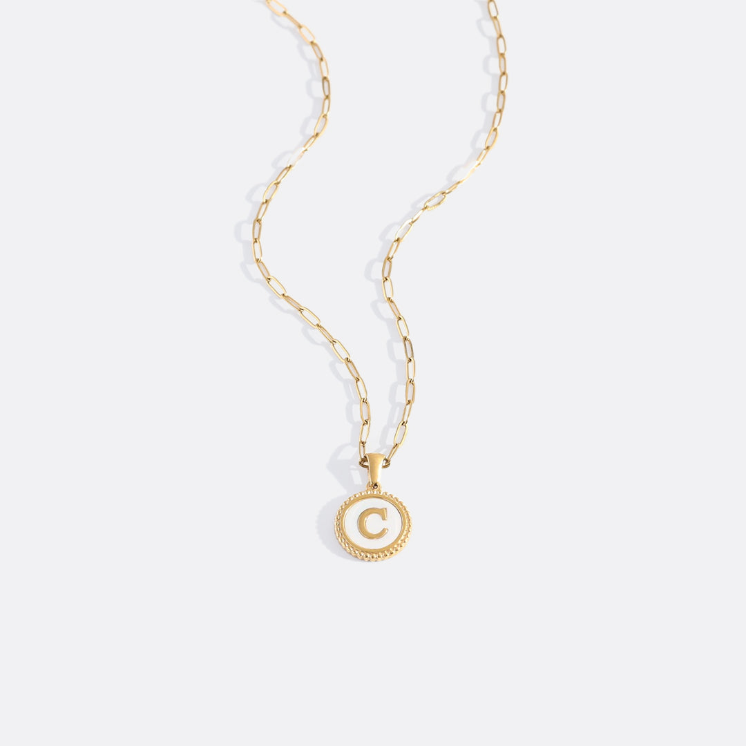 Mother of Pearl Disc Letter Necklace with Paperclip Chain by Seeyoura