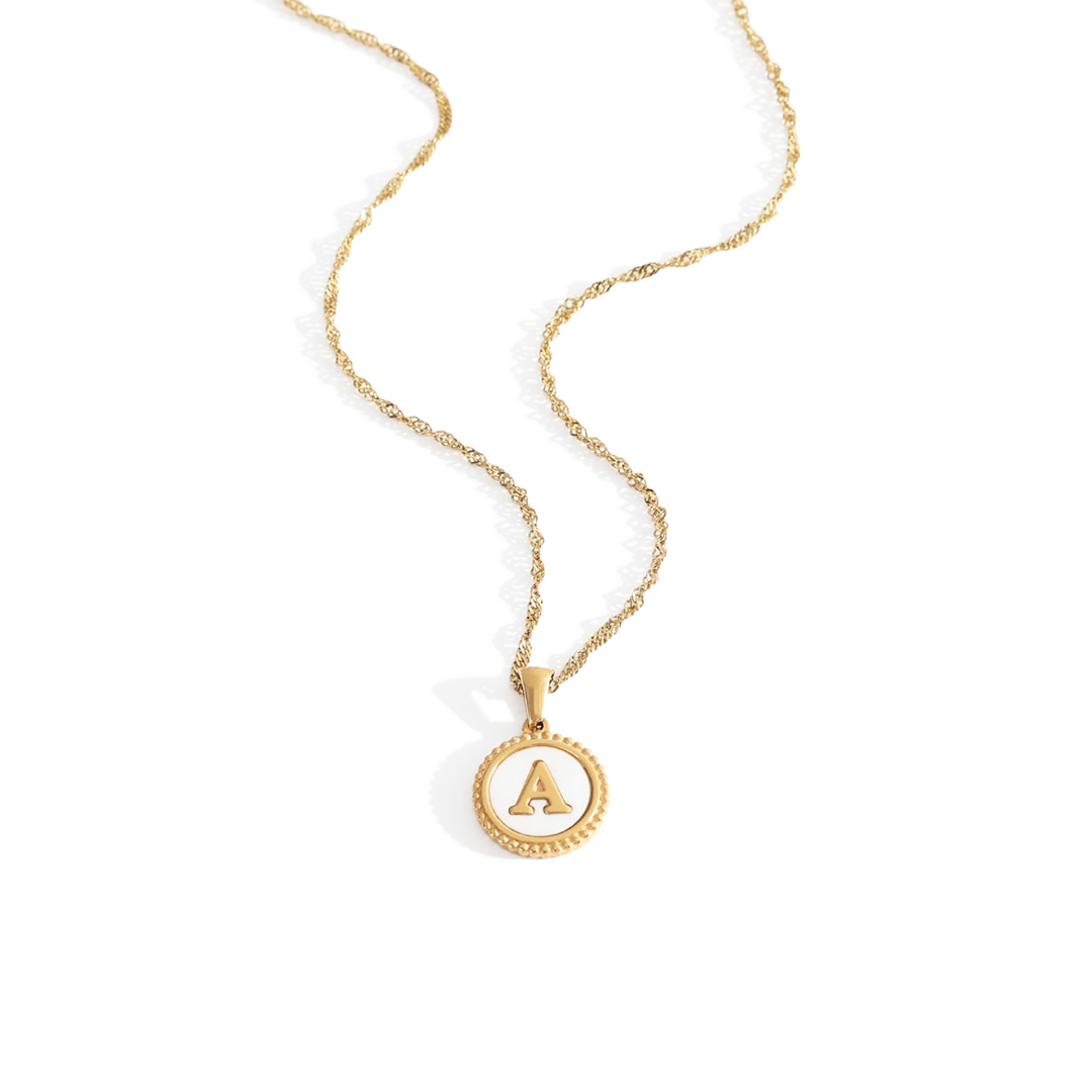 Mother of Pearl Disc Letter Necklace with Twist Chain in Gold, A, 18" + 2" by Seeyoura