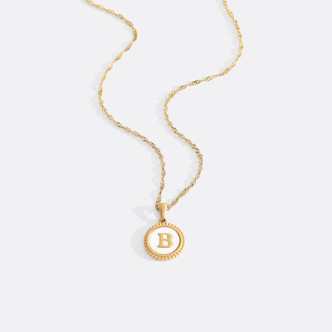 Mother of Pearl Disc Letter Necklace with Twist Chain in Gold, B, 18" + 2" by Seeyoura