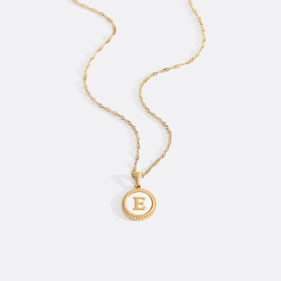 Mother of Pearl Disc Letter Necklace with Twist Chain in Gold, E, 18" + 2" by Seeyoura