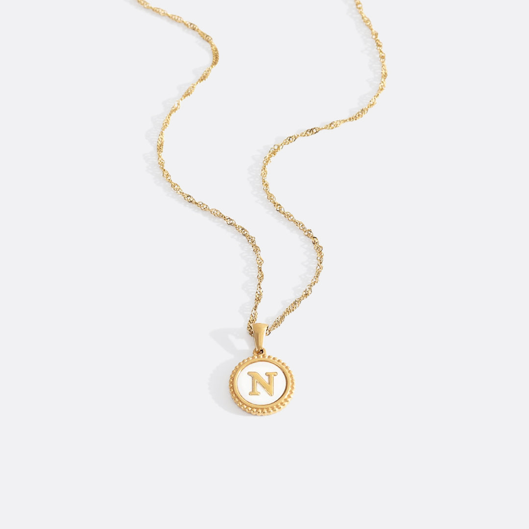 Mother of Pearl Disc Letter Necklace with Twist Chain in Gold, N, 18" + 2" by Seeyoura