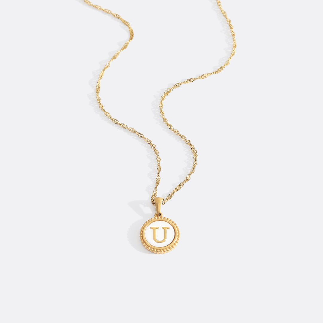 Mother of Pearl Disc Letter Necklace with Twist Chain in Gold, U, 18" + 2" by Seeyoura