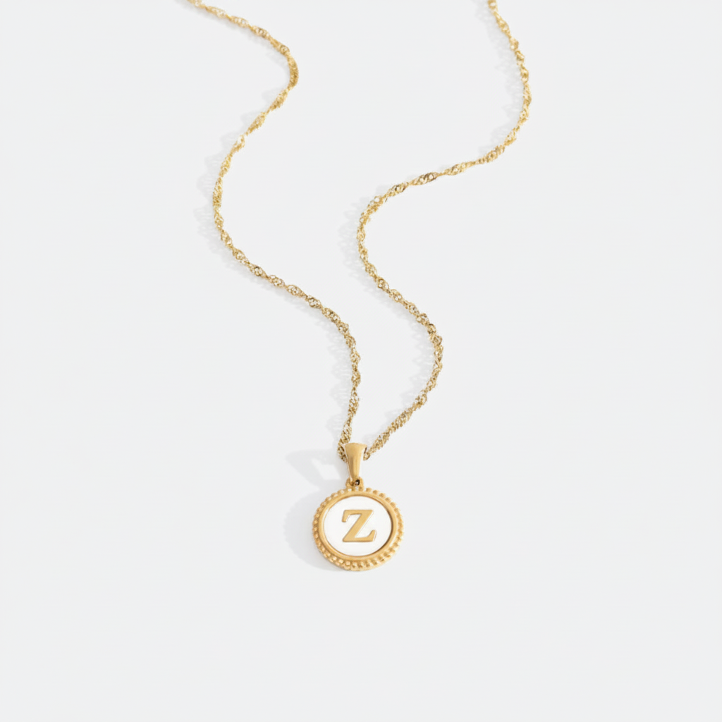 Mother of Pearl Disc Letter Necklace with Twist Chain in Gold, Z, 18" + 2" by Seeyoura
