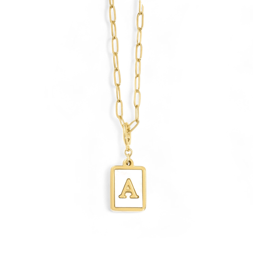 Mother of Pearl Card Initial Necklace — Paperclip Chain by Seeyoura
