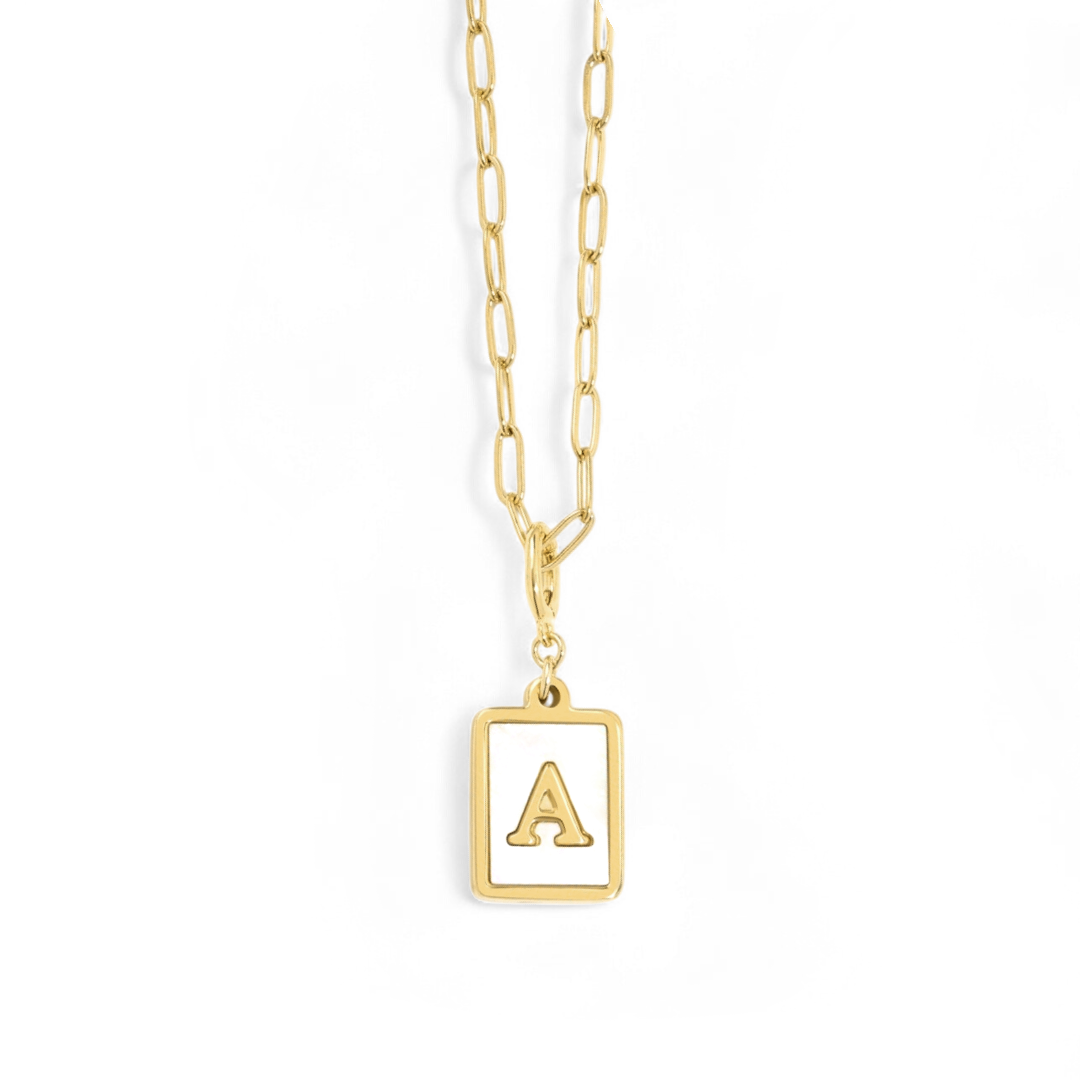 Mother of Pearl Card Initial Necklace — Paperclip Chain by Seeyoura