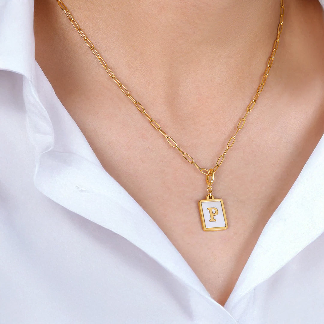 Mother of Pearl Card Initial Necklace — Paperclip Chain by Seeyoura