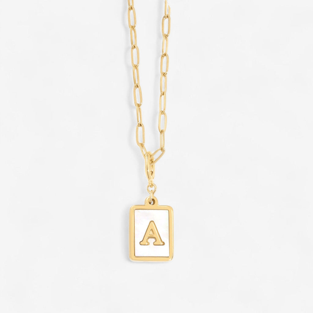 Mother of Pearl Card Initial Necklace — Paperclip Chain by Seeyoura