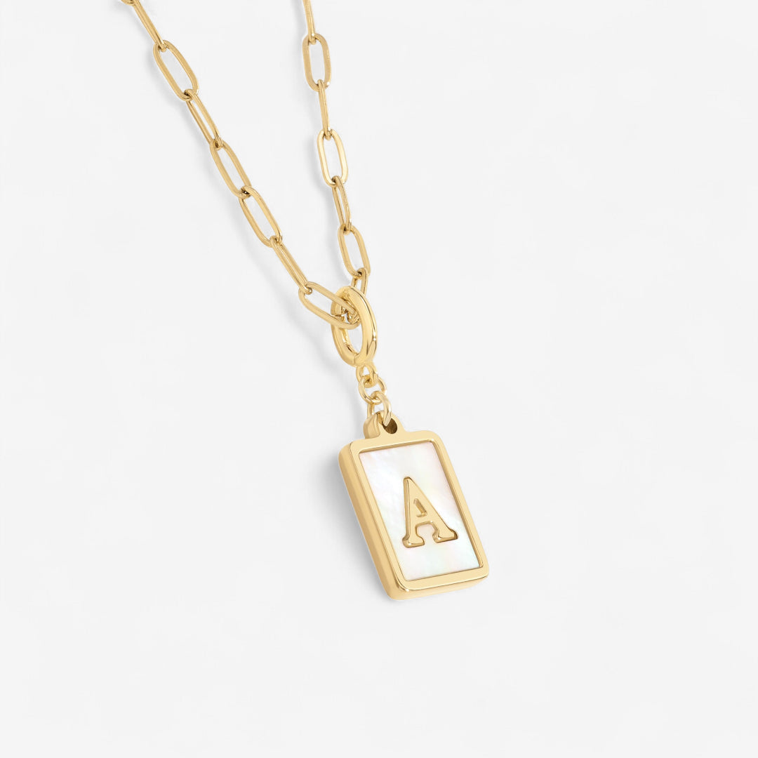 Mother of Pearl Card Initial Necklace — Paperclip Chain by Seeyoura