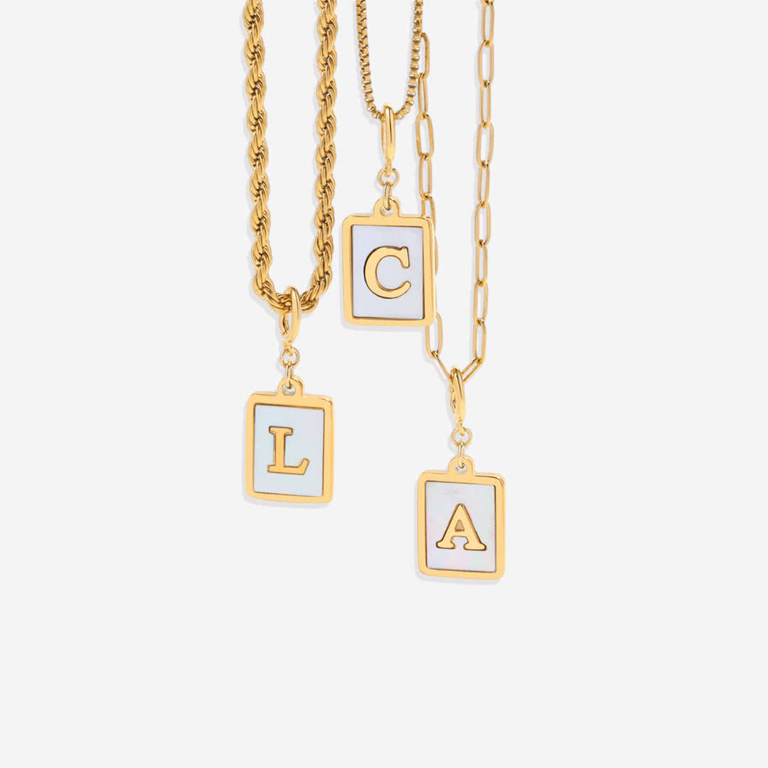 Mother of Pearl Card Initial Necklace — Paperclip Chain by Seeyoura