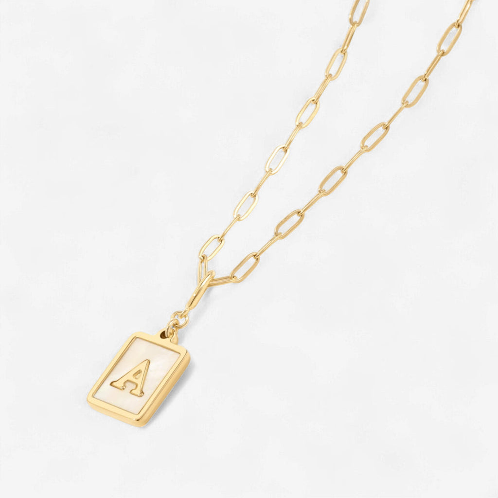 Mother of Pearl Card Initial Necklace — Paperclip Chain by Seeyoura