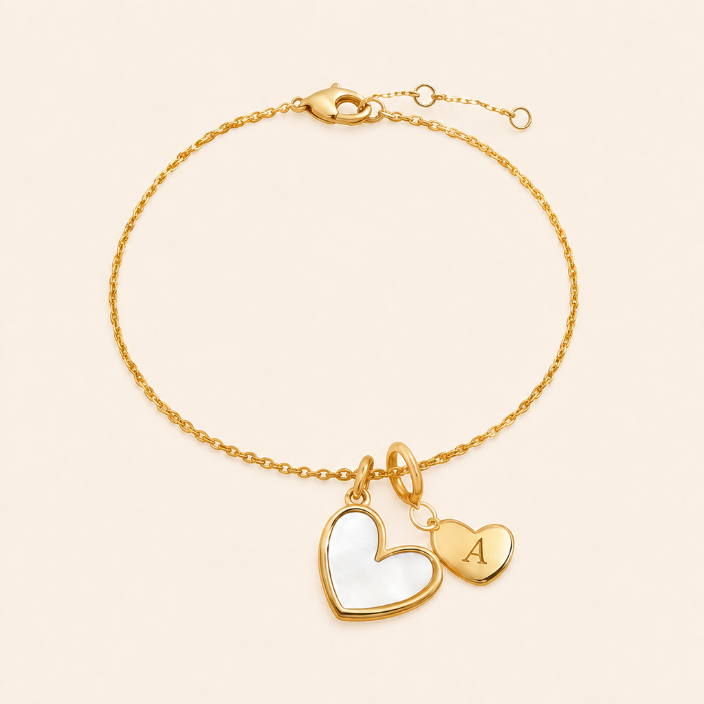 Mother of Pearl Initial Heart Charm Bracelet in A by Seeyoura