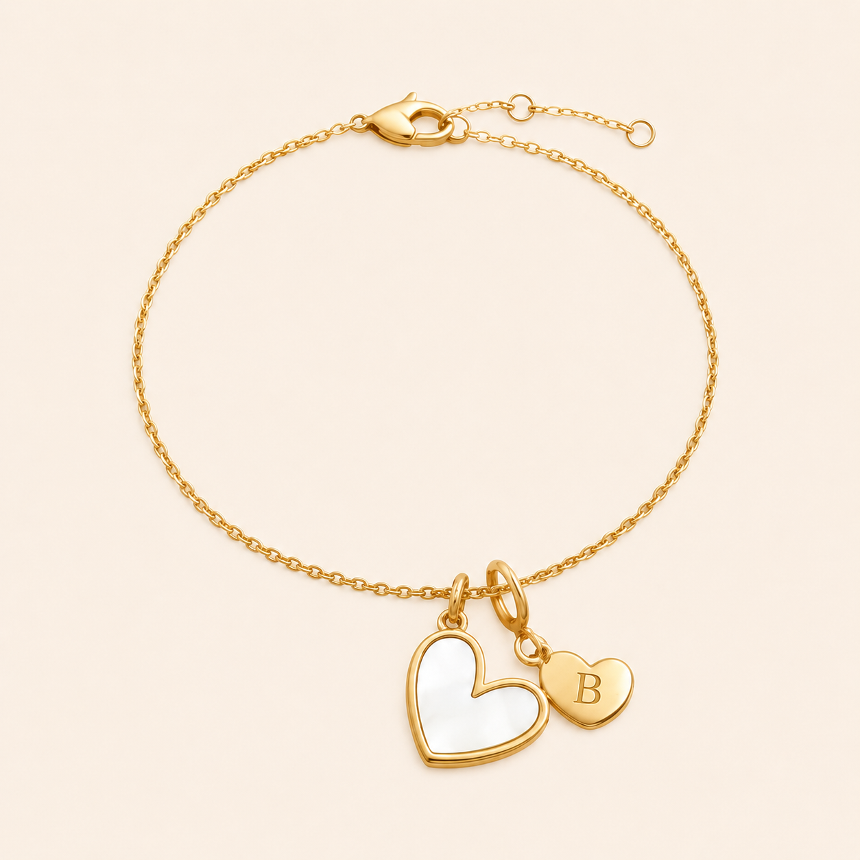Mother of Pearl Initial Heart Charm Bracelet in B by Seeyoura